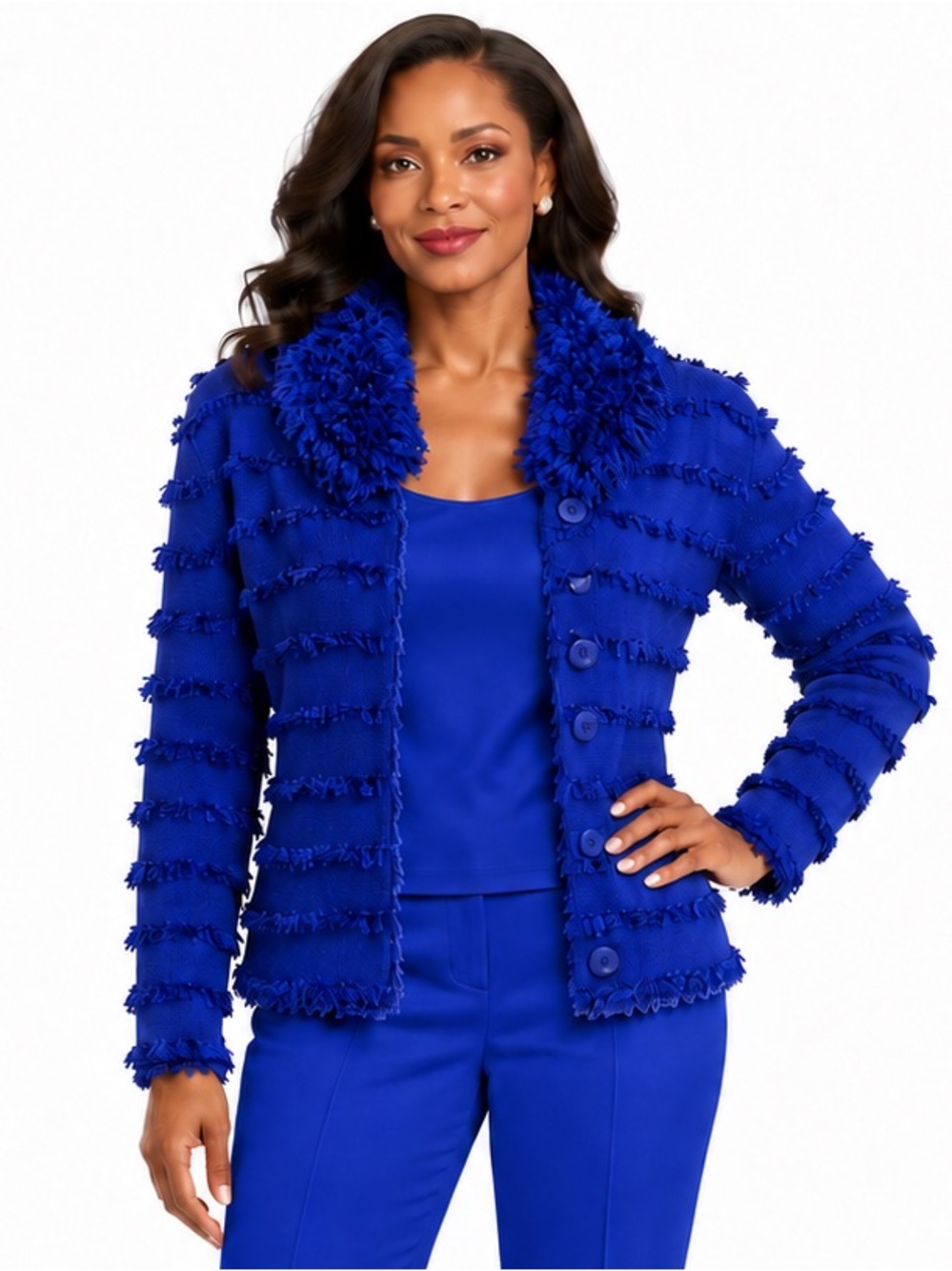 Michael Simon Cobalt Blue Fringed Cardigan Button Sweater L